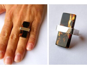 Handmade Baltic Amber Ring: Sterling Silver, Black Honey, Modern Design