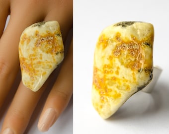 HUGE Amber Ring, MILKY YELLOW,  matte  sterling Silver 925, genuine baltic amberstone,  modern, for her or him, with gift box, Unique New