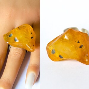 Baltic Amber Ring, Matte Sterling Silver, Square Yellow Gemstone