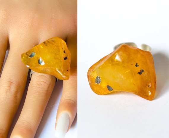 Baltic Amber Ring, Matte Sterling Silver, Square Yellow Gemstone
