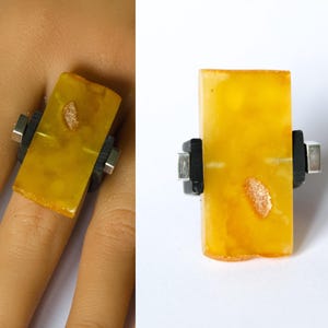 Bernstein Ring Silber 925 unbehandelter GELBER Bernstein einstellbar für Sie und Ihn Geschenk box Unikat Handgemacht