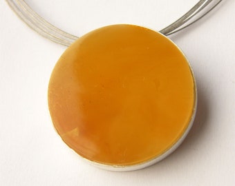 Amber Pendant, genuine Amberstone, matte sterling Silver 925, YELLOW, rounde shape, for she, gift, modern design,handmade, New, UNIQUE