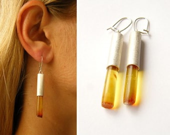 Earrings, genuine Amber earrings, yellow, transparent,modern design, Gift for she, giftbox, matte sterling Silver 925, NEW, UNIQUE- Handmade