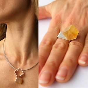 Ring  genuine Amber, matte Sterling Silver 925 rail, matt amber YELLOW,modern design, gift for her, giftbox, Amber Jewelry UNIQUE