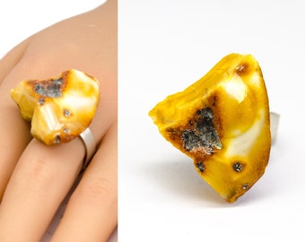 Amber Ring, MOSAIC, sterling Silver rail, genuine amber, nuggets, modern design, for her, gift box, New, UNIQUE - Handmade