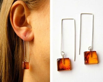 Earrings, genuine Amber earrings, Cognac, transparent, modern,  amberstone, gift for she, polished,NEW,UNIQUE Handmade Silver 925