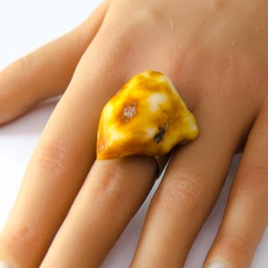 May include: A unique ring featuring a large, irregularly shaped amber stone. The amber is a mix of yellow and white hues, with some darker inclusions. The ring is set on a silver band, creating a striking contrast. This piece is a statement jewelry item.