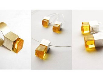 Baltischer Bernstein und Sterling Silber 925 Ohrringe, Kette mit Anhänger und Ring set, Ambre, Anillo,