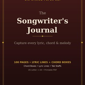 Songwriting Journal Printable, 100-Page Songwriter Notebook with Lyric Sheets Chord Charts and Guitar Tab Paper (Digital Download)