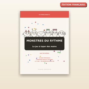 Könnte beinhalten: Ein druckbares Aktivitätsbuch-Cover mit dem Titel MONSTRES DU RYTHME Le jeu à taper des mains. Das weiße Cover hat einen roten oberen Rand, das Six-String Paper Co. Branding und sechs Cartoon-Monster über einem schwarzen Textrechteck.