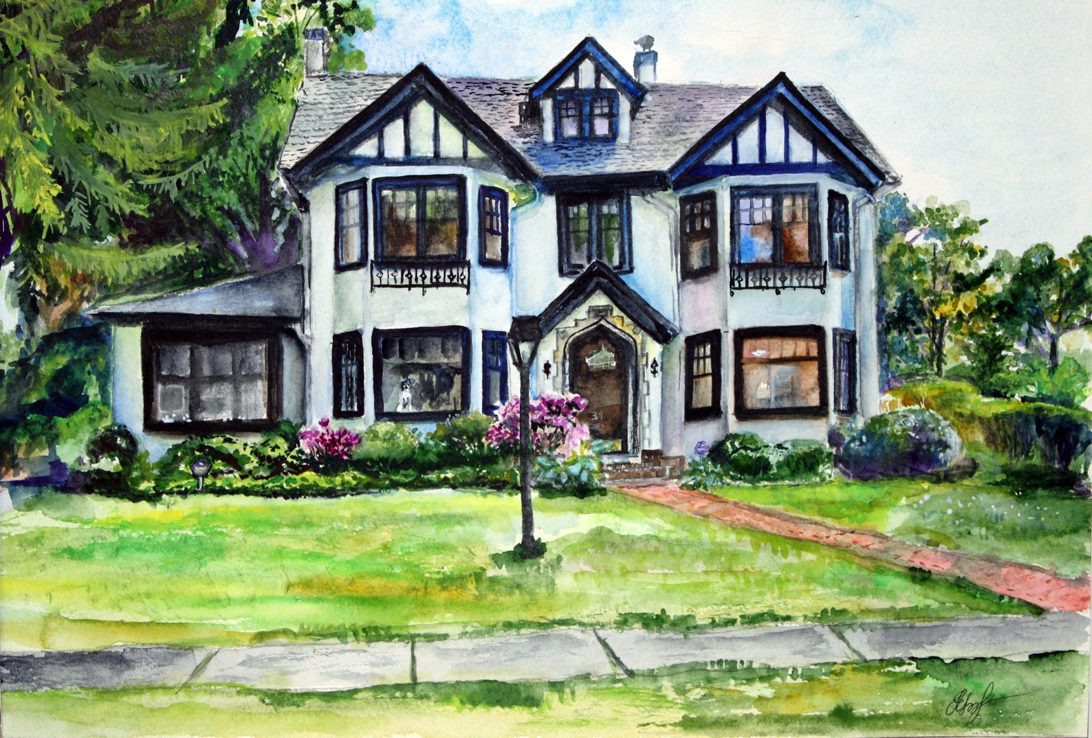 Дома фасад нарисованный акварелью