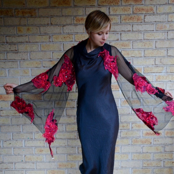 Silk Nebulae Shawl (Red Blooms with Pearls) nuno-felted diaphanous translucent pearl embroidered wrap evening palantin breezy light scarf