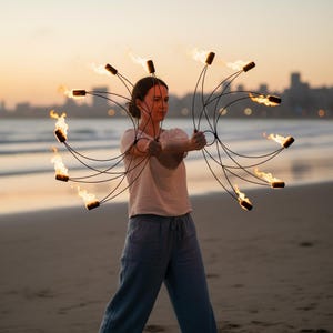 May include: A person holding two sets of fire fans with flames at the ends, performing on a beach at sunset. The fans are black with multiple flames. The person is wearing a light-colored shirt and blue pants.