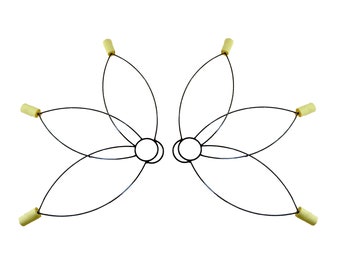 May include: A pair of black metal fire poi with five yellow wicks attached to each poi.