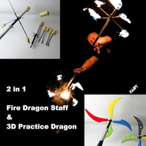 2in1 Fire and 3D Dragon Staff - Practice Staff /// FREE FAST SHIPPING /// Practice and performers staff * Travel Staff *