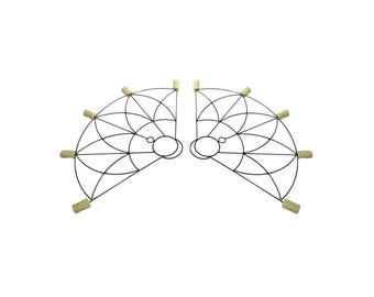 May include: Two symmetrical fire fans, each with a black metal frame in a semi-circular shape. The frames are divided into geometric patterns and have tan-colored wicks at the ends. The fans are designed for fire performance and are set against a white background.