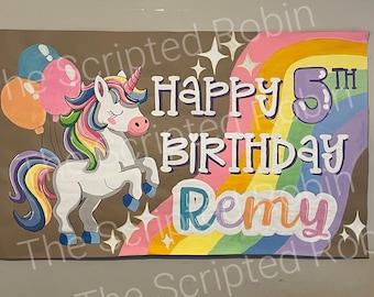 Banner de cumpleaños de unicornio pintado a mano, nombre personalizado y edad de cumpleaños