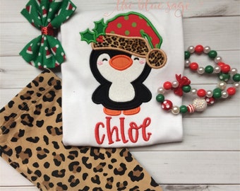 Girls personalized Christmas penguin shirt or bodysuit