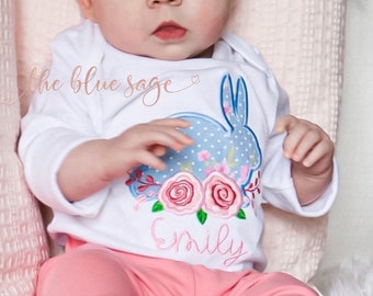 Girls personalized bunny with roses Easter shirt or bodysuit