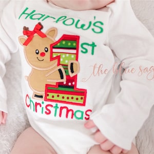 Baby girl&#39;s personalized first Christmas bodysuit
