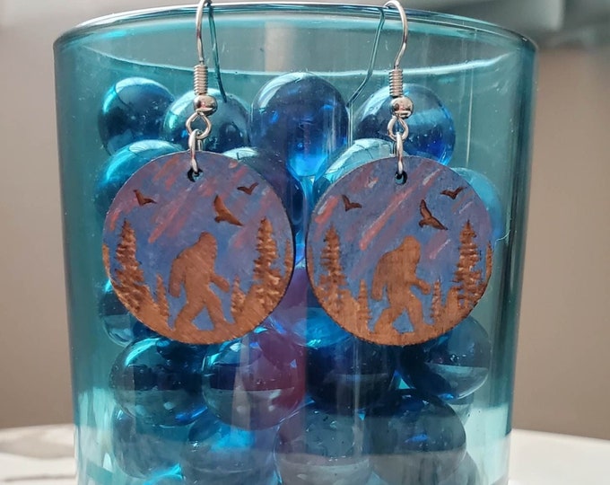 Shoot Star Sky | Bigfoot | Sasquatch | Outdoors | Blue | Wood | Dangle Earrings | Laser Cut and Engraved