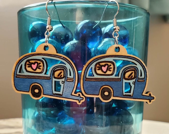 Retro Camper | Camping | Glamping | Dangle Earrings | Wood | Laser Cut and Engraved