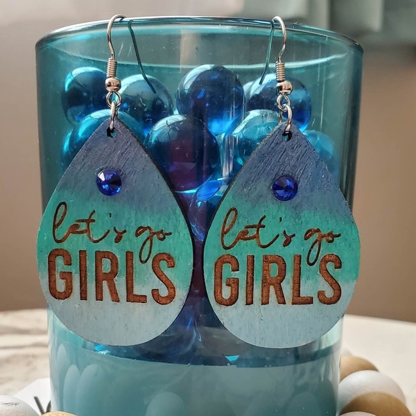 Let's Go Girls | Country | Western | Ombre Blues with Jewel | Concert Wear | Wood | Dangle Earrings