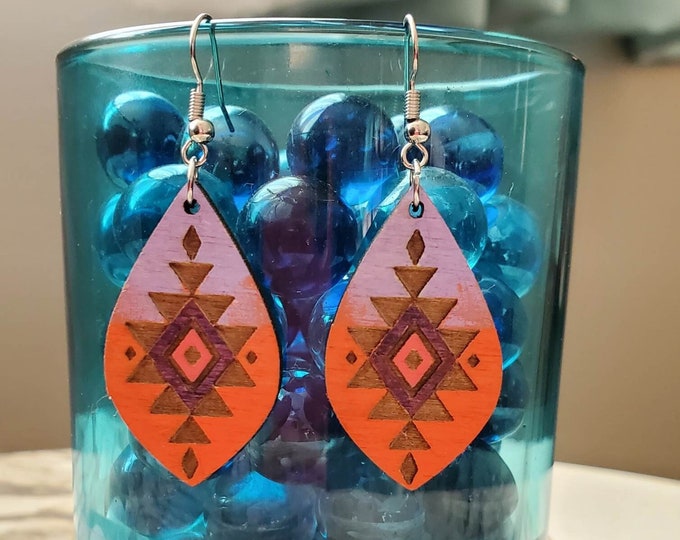 Aztec | Southwestern | Western | Boho | Coral | Purple | Dangle Earrings | Wood | Laser Cut and Engraved