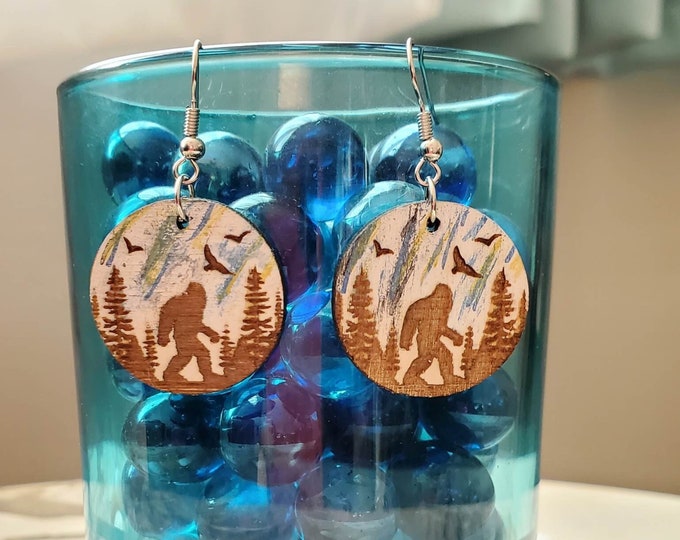 Bigfoot | Sasquatch | White Winter Sky | Forest | Wood | Dangle Earrings | Laser Cut and Engraved
