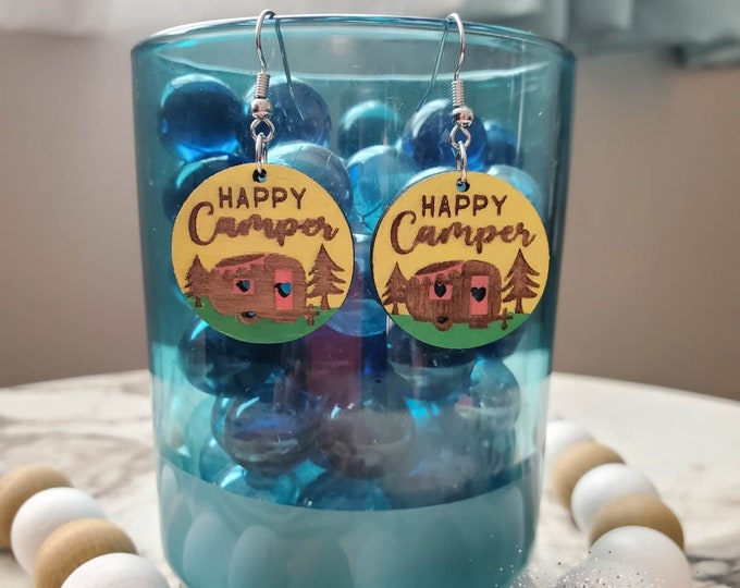 Happy Camper | Camping | Dangle Earrings | Custom | Hand Painted | Fun