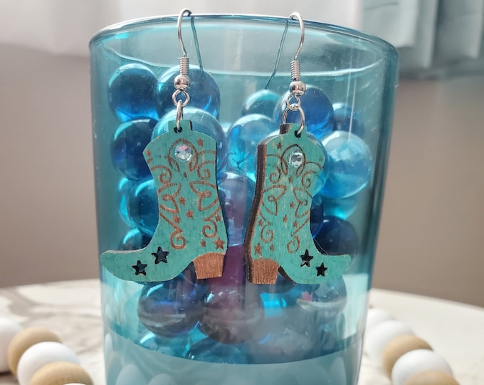 Teal Cowboy Boots | Country | Fun Dangle Earrings | Custom Hand Painted | Laser Cut and Engraved | Wood