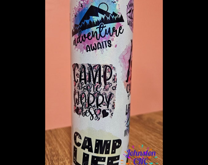 Camping | I'd Rather Be Camping | Colorful | Shimmer White Sublimation | Sublimation 20oz Slim | Stainless Steel