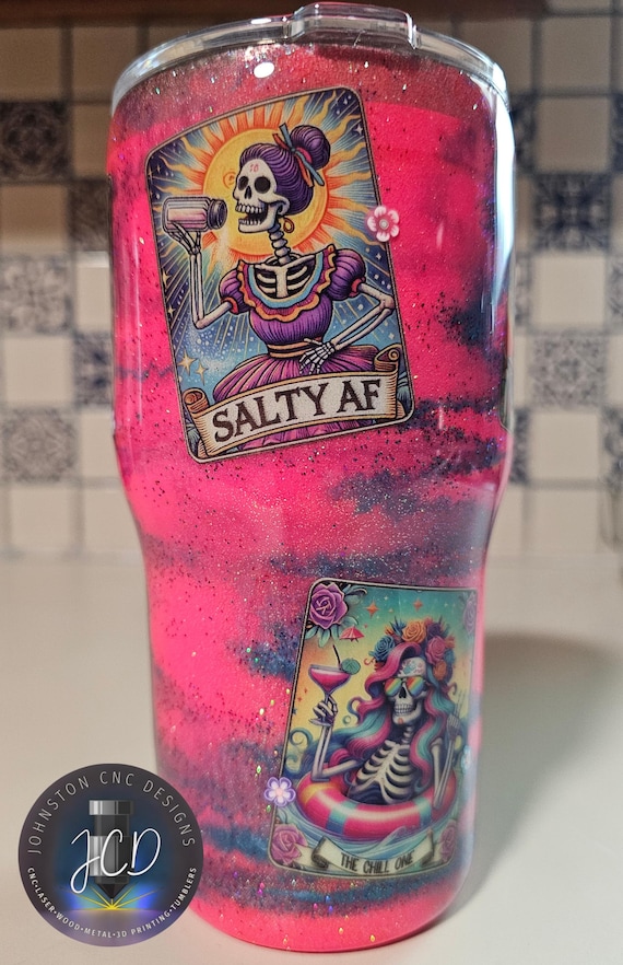 20oz Adult Tarot Funny Custom Ink Pattern and Glitter Galaxy like Color shift glitter Pink Blue Epoxy Tumbler