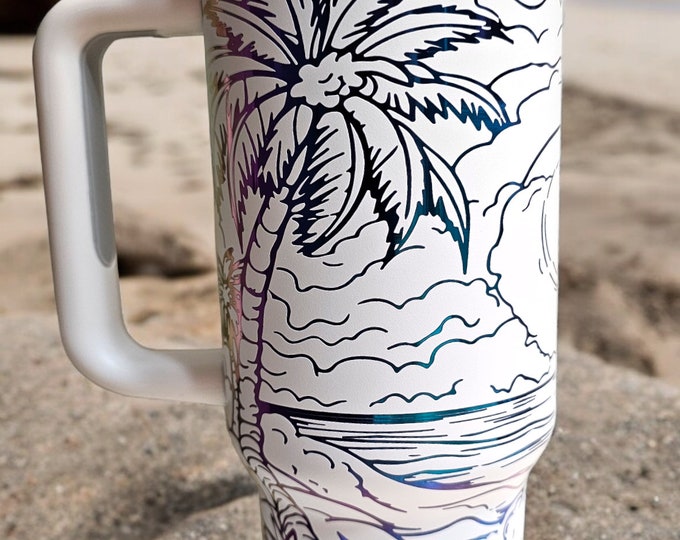 Handled 40oz | Chroma Tumbler | Laser Engraved | Palm Trees | Sun | Beach | Full Wrap | Rainbow | White | Stainless Steel