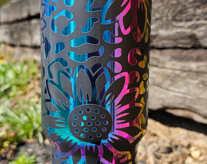 Handled 40oz | Chroma Tumbler | Laser Engraved | Leopard Print | Sunflowers | Full Wrap | Rainbow | Stainless Steel