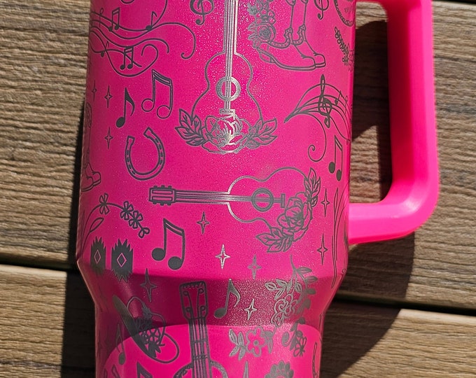 40oz | Handled Tumbler | Laser Engraved | Sparkle Pink | Country Music | Cowgirl | Western | Full Wrap | Stainless Steel