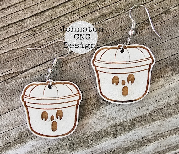 Happy Meal Boo Bucket | Ghost | White | Halloween | Retro | Dangle Earrings | Wood | Laser Cut and Engraved