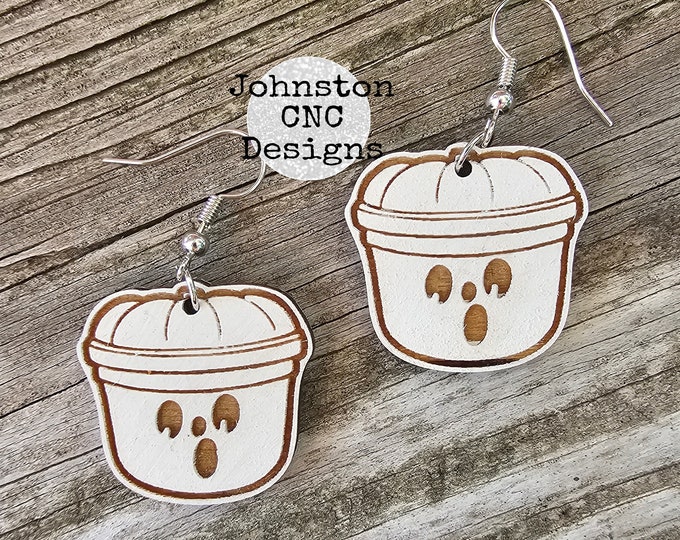 Happy Meal Boo Bucket | Ghost | White | Halloween | Retro | Dangle Earrings | Wood | Laser Cut and Engraved