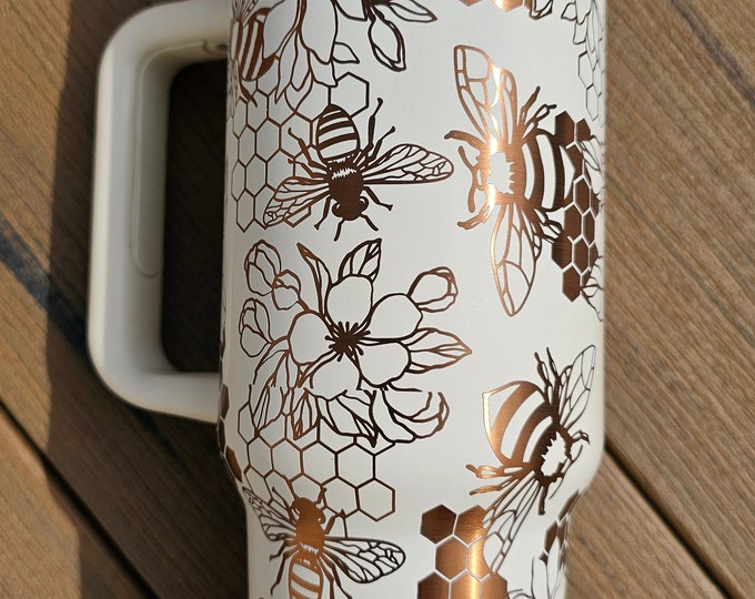 Bees | Flowers | Handled 40oz | Chroma Copper Tumbler | Cream Color | Laser Engraved | Full Wrap | Stainless Steel