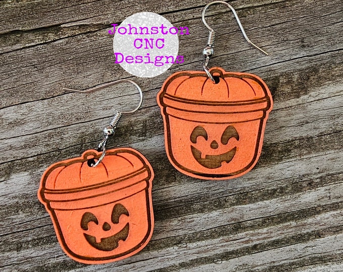 Happy Meal Pumpkin Bucket | Orange | Halloween | Retro | Dangle Earrings | Wood | Laser Cut and Engraved