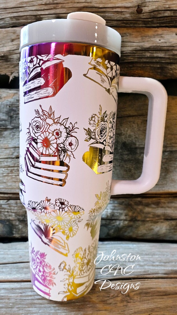 40oz Handled Tumbler Books Flowers Chroma Tumbler Laser Engraved Full Wrap Rainbow White Stainless Steel