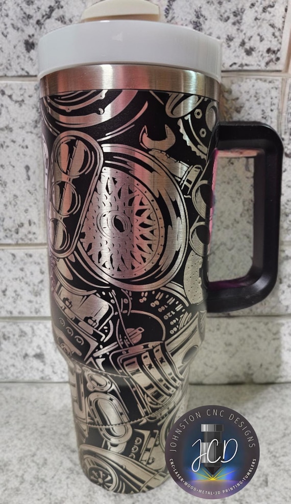 40oz Mechanic Car Lover Gearhead Handled Tumbler Laser Engraved Black Engraved Full Wrap Stainless Steel