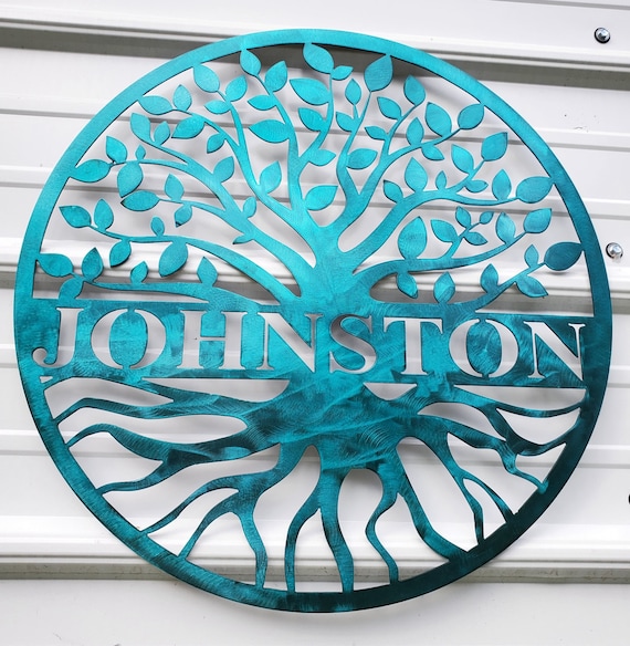 Personalized Tree of Life | Aqua Color | Raw Steel | Black | Metal Round