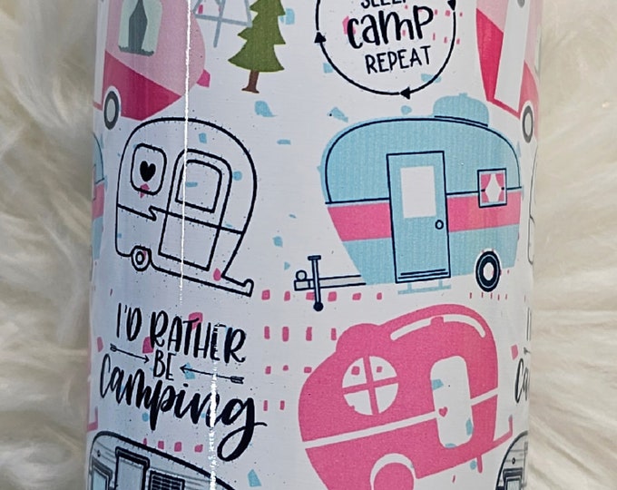 Cute Retro Camper | Camping | I'd Rather Be Camping | Pink | White Sublimation | Sublimation 20oz Slim | Stainless Steel