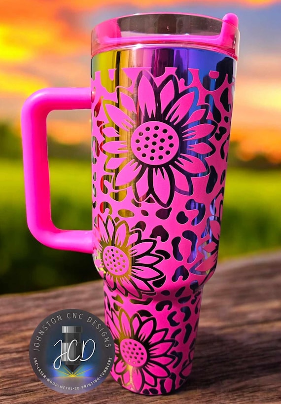 Sunflower Leopard 40oz Handled Tumbler Bright Pink Rainbow Chroma Laser Engraved Full Wrap