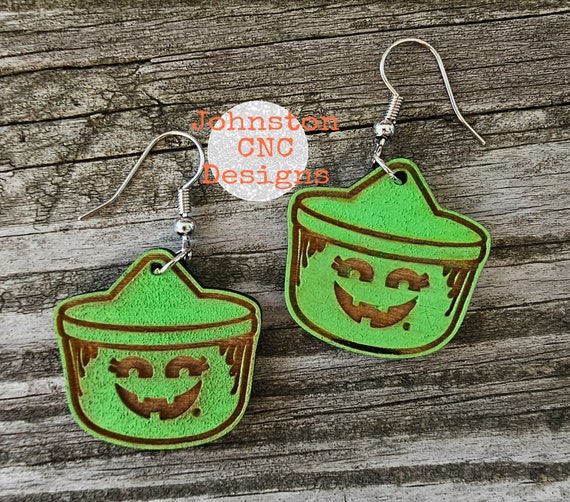 Happy Meal Bucket | Witch | Green | Halloween | Retro | Dangle Earrings | Wood | Laser Cut and Engraved