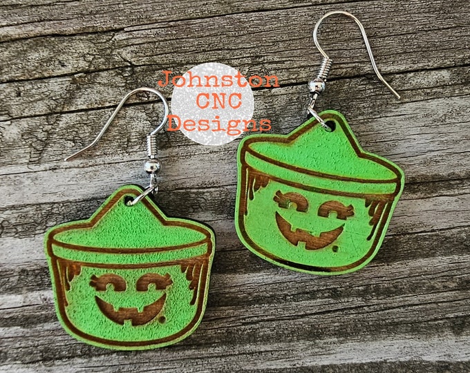 Happy Meal Bucket | Witch | Green | Halloween | Retro | Dangle Earrings | Wood | Laser Cut and Engraved