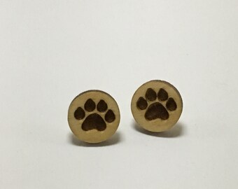 Wooden Puppy Paw Print Earrings