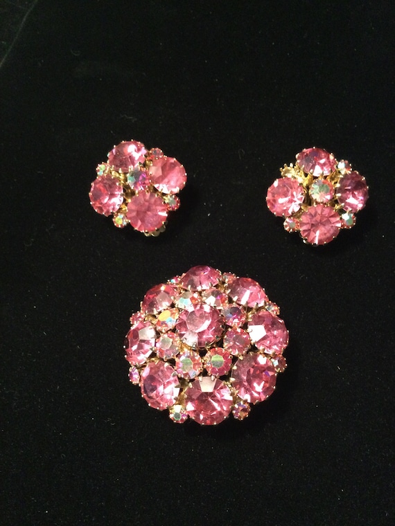 Weiss Pink Brooch and Earrings, Bright Pink and Au