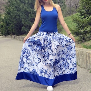Gorgeous Maxi Skirt/ Royal blue/ Loose Fitted Cotton Skirt/ Oversize skirt/ Floral Skirt/ Casual Maxi Skirt/ Elegant skirt/ Plus size skirt